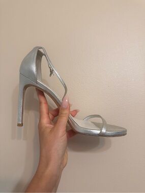 Stuart Weitzman Silver Metallic Strappy High Heel Sandal